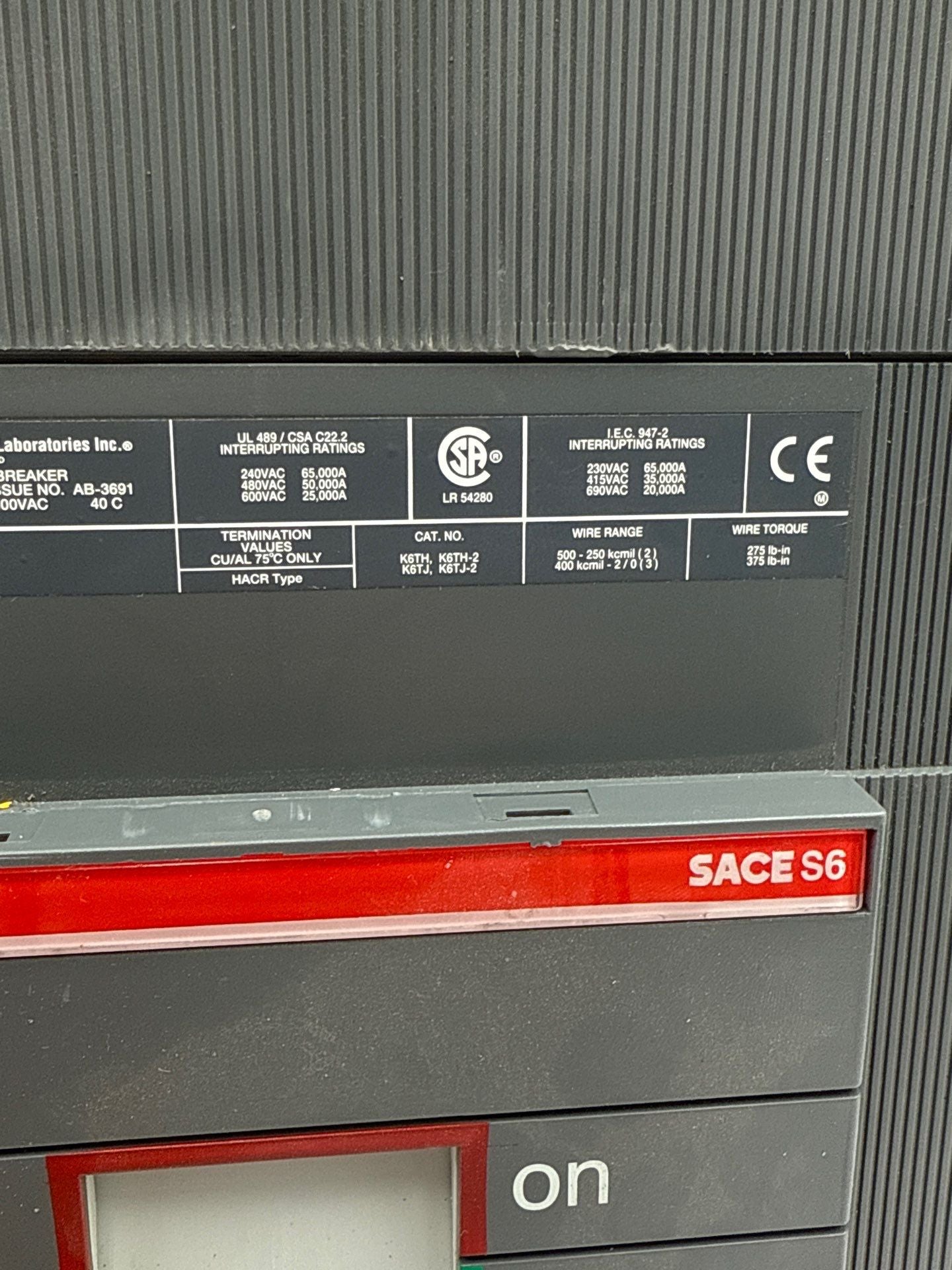 ABB S6N Circuit Breaker 800A 3P 600V 3PH SACE S6 LSI Trip PR212/P 800 Amp Used