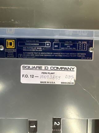 Square D NQOD Panelboard 225A 208/120V 3PH 4W Indoor Encl MCB 42 Circuit Q2L3150 P377 Used