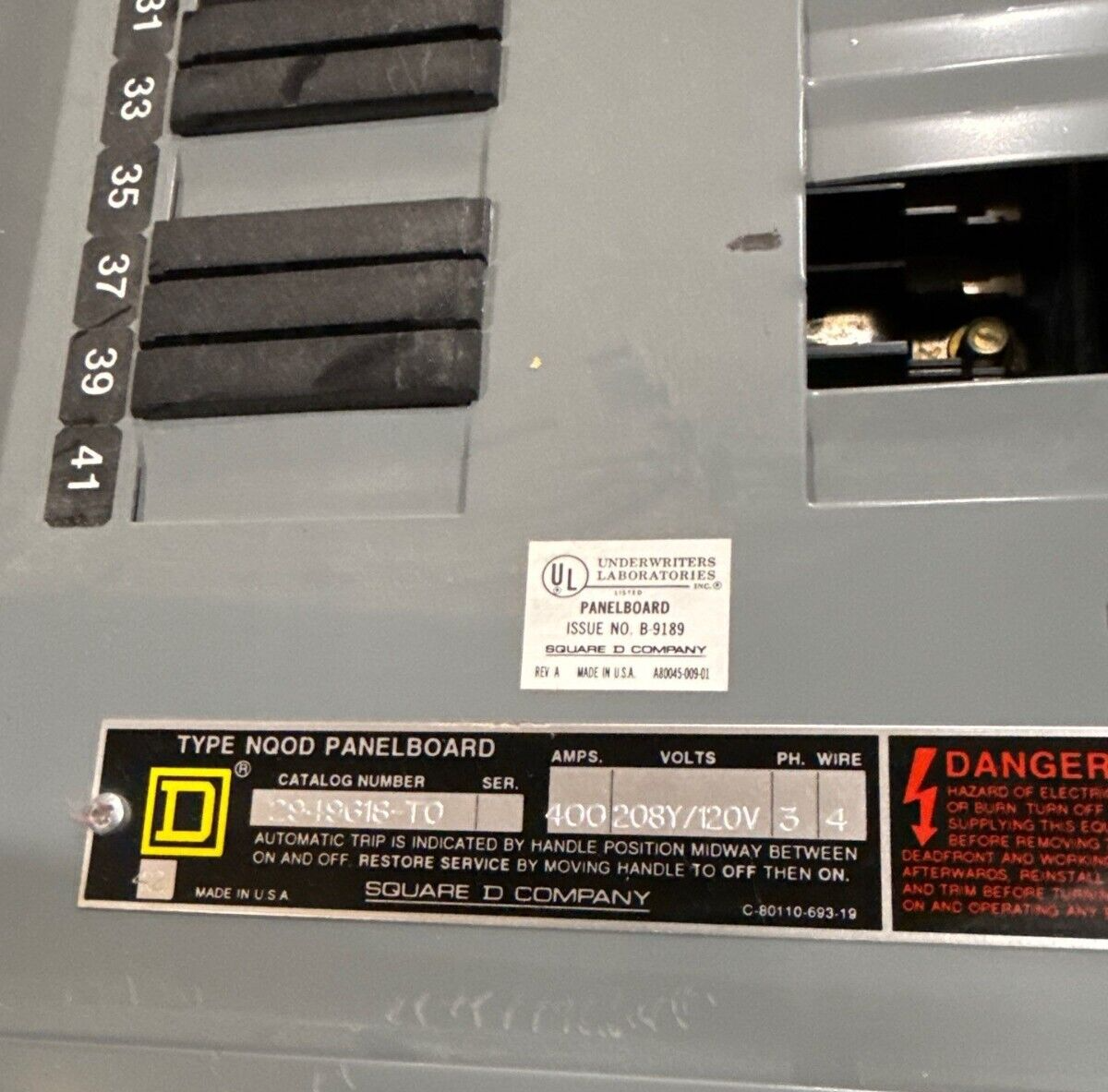 Square D NQOD Panelboard 400A 208/120V 3PH 4W 42 Circuit Indoor Encl MLO MH53 P624 Used