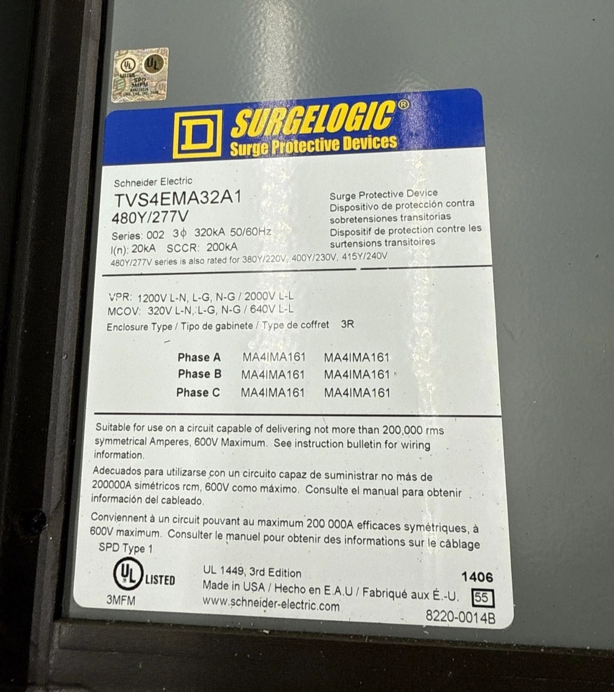 Square D TVS4EMA32A1 Surgelogic 320kA 480Y/277V 3PH 4W Surge Protection Device Used