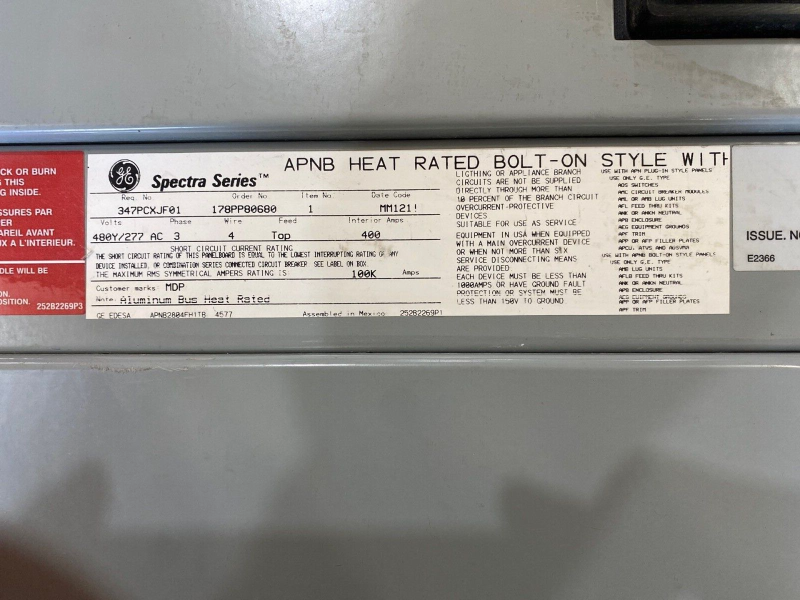 GE APNB Bolt On Panelboard 400A 480/277V 3PH 4W Indoor Encl MCB SGLA36AT0400 P497 Used