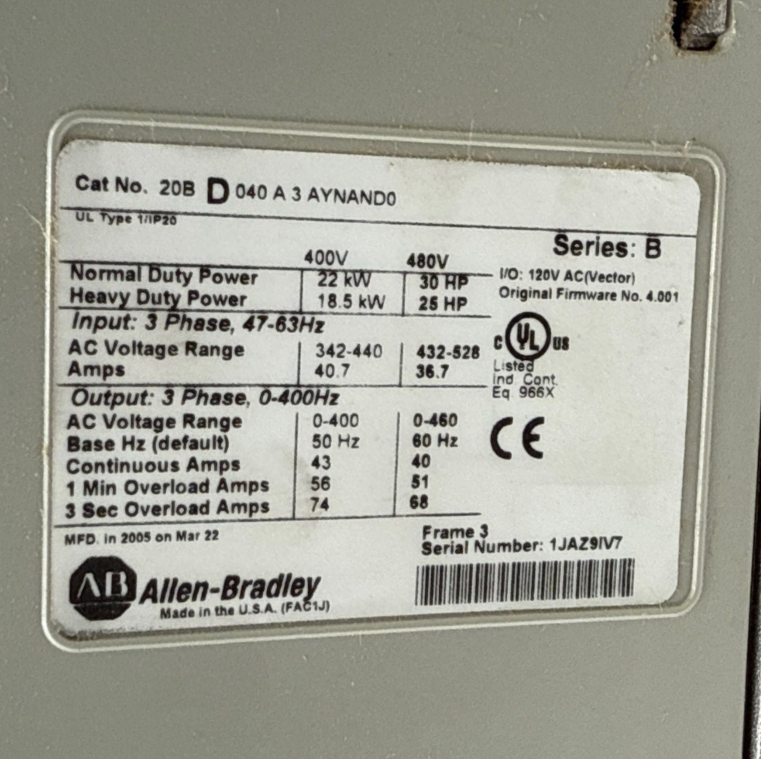 Allen Bradley 20BD040A3AYNAND0 PowerFlex 700 AC Drive 30HP 22kW 480V 3PH 47-63Hz Used