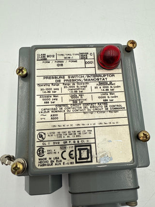 Square D 9012 GCW-1 Pressure Switch Adjustable 20-1000PSIG 480V 10A 9012GCW1 New