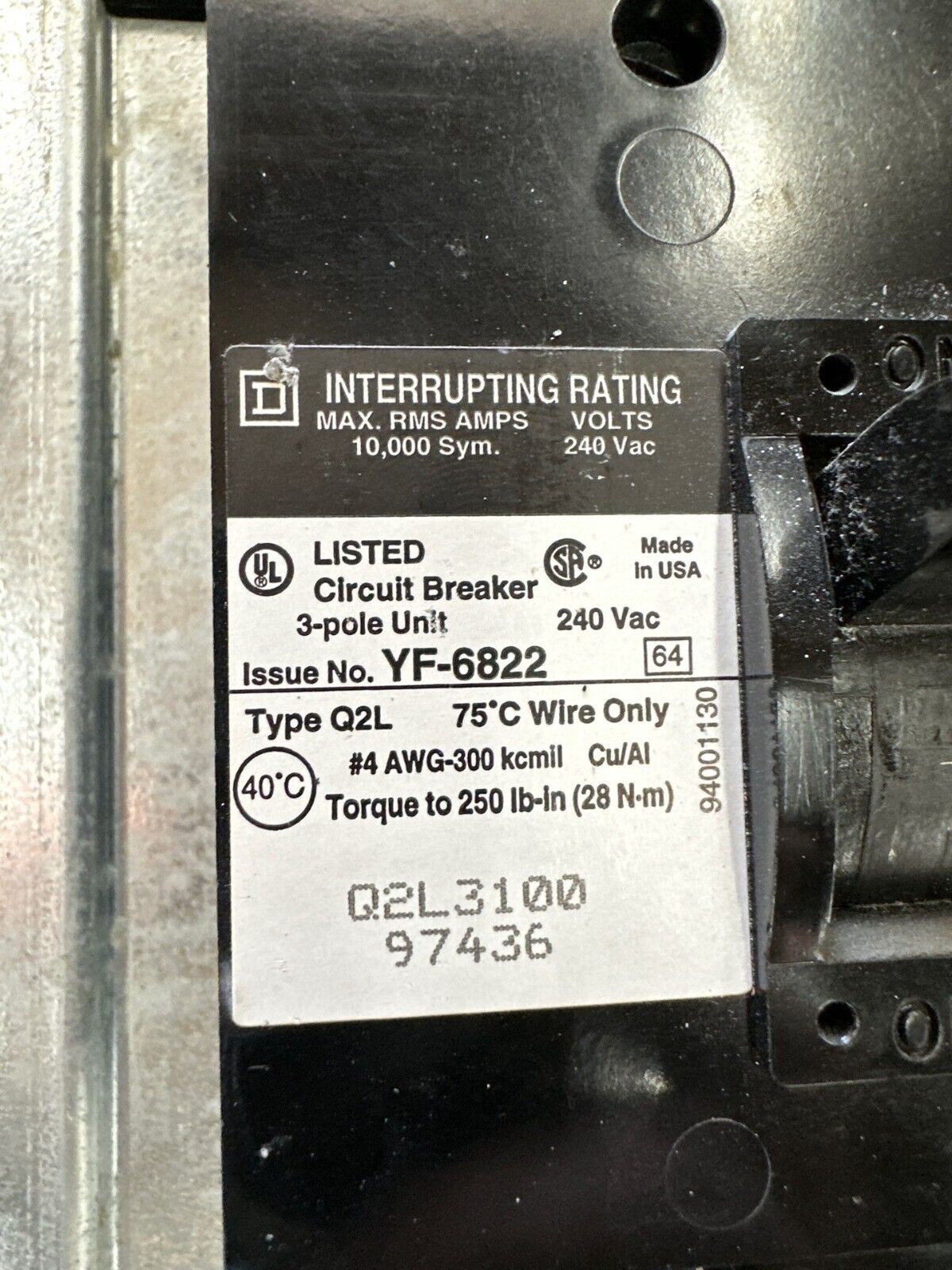 Square D NQOD442M225 NQOD Panelboard 225A 208Y/120V 3PH MCB Indoor Encl Q2L3100 P367 Used