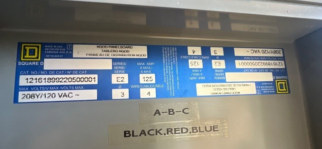 Square D NQOD Panelboard 125A 208Y/120V 3PH 4W 125 Amp 42 Cir Main Q2L3125 MCB P252 Used