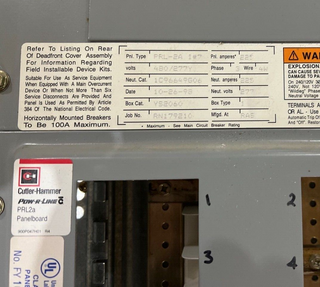 CH PRL2A Panelboard 225A 480/277V 3PH 4W 42 Circuit MLO Main Lug Indoor 225 Amp P679 Used