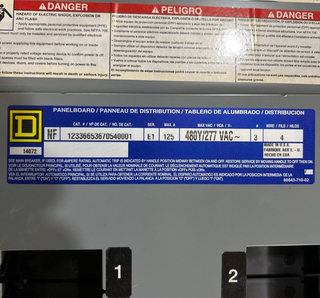 Square D NF Panelboard 125A 480/277V 3PH 4W 18 Circuit Indoor Encl MLO MH26BE P615 Used