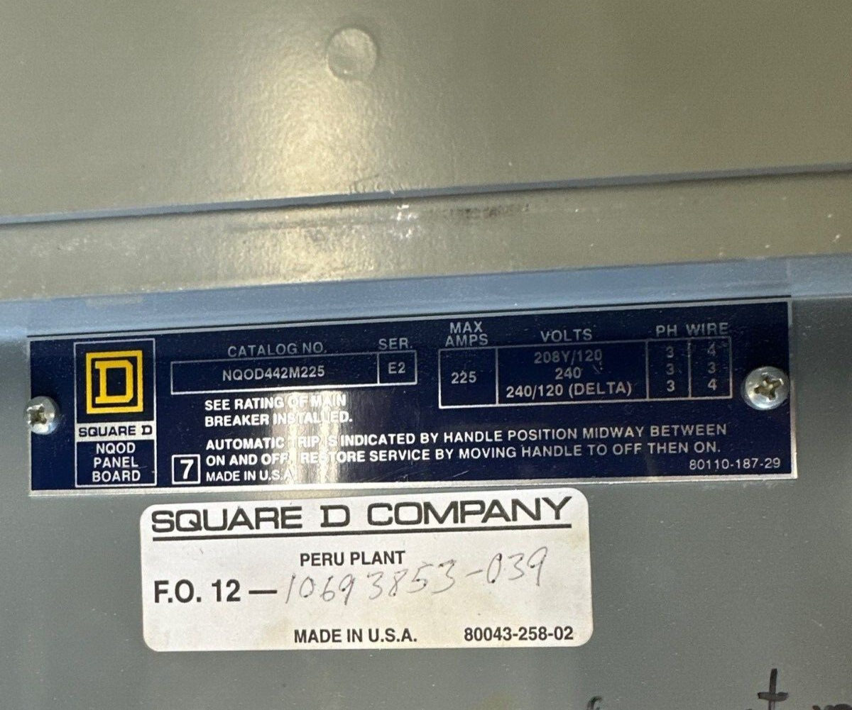 Square D NQOD442M225 NQOD Panelboard 225A 208Y/120V 3PH MCB Indoor Encl 42 Cir P359 Used