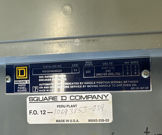 Square D NQOD442M225 NQOD Panelboard 225A 208Y/120V 3PH MCB Indoor Encl 42 Cir P359 Used
