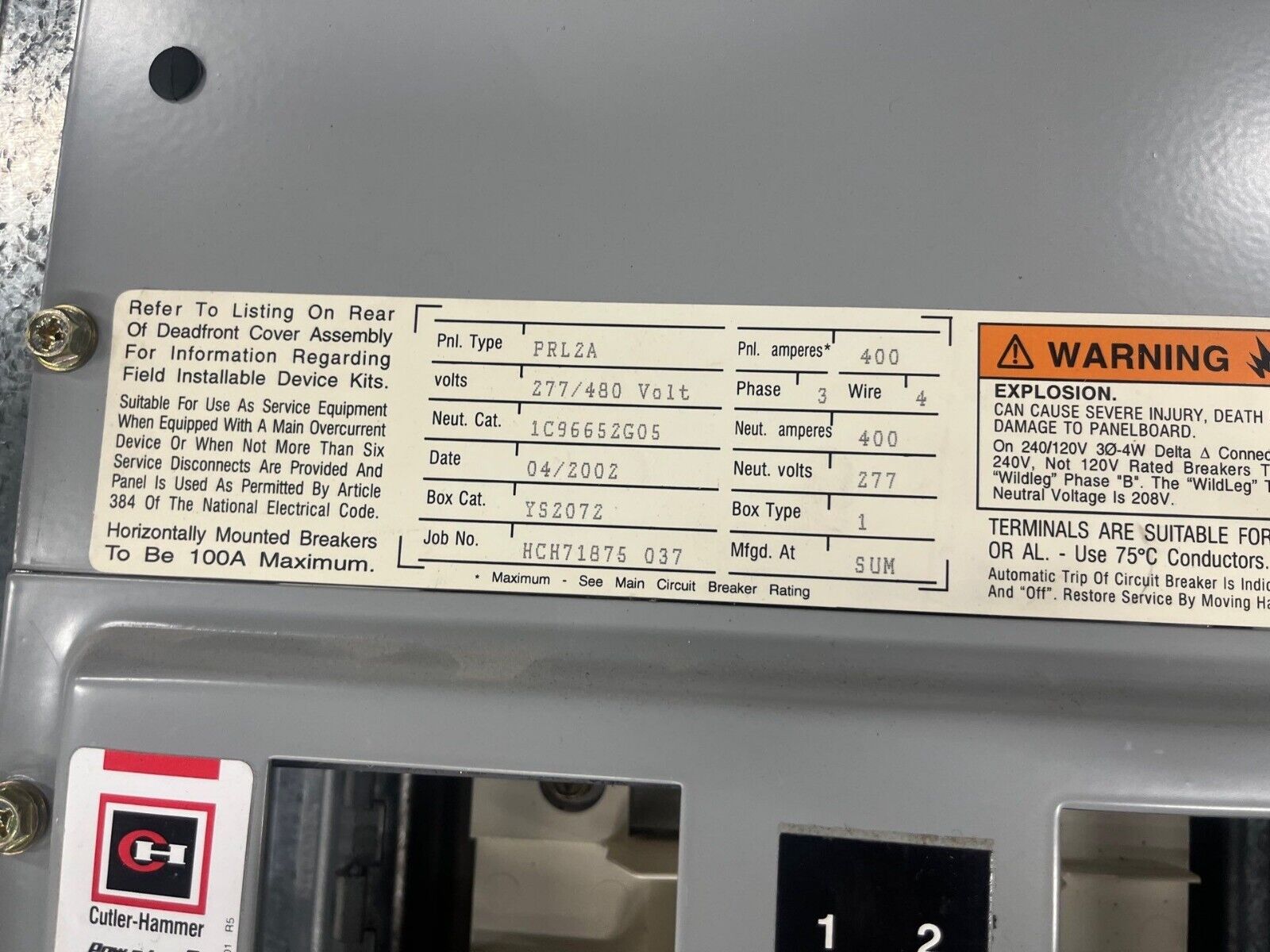 Cutler Hammer PRL2A Panelboard 400A 277/480V 3PH 4W Indoor Encl 42Cir MLO FD3225 P574 Used