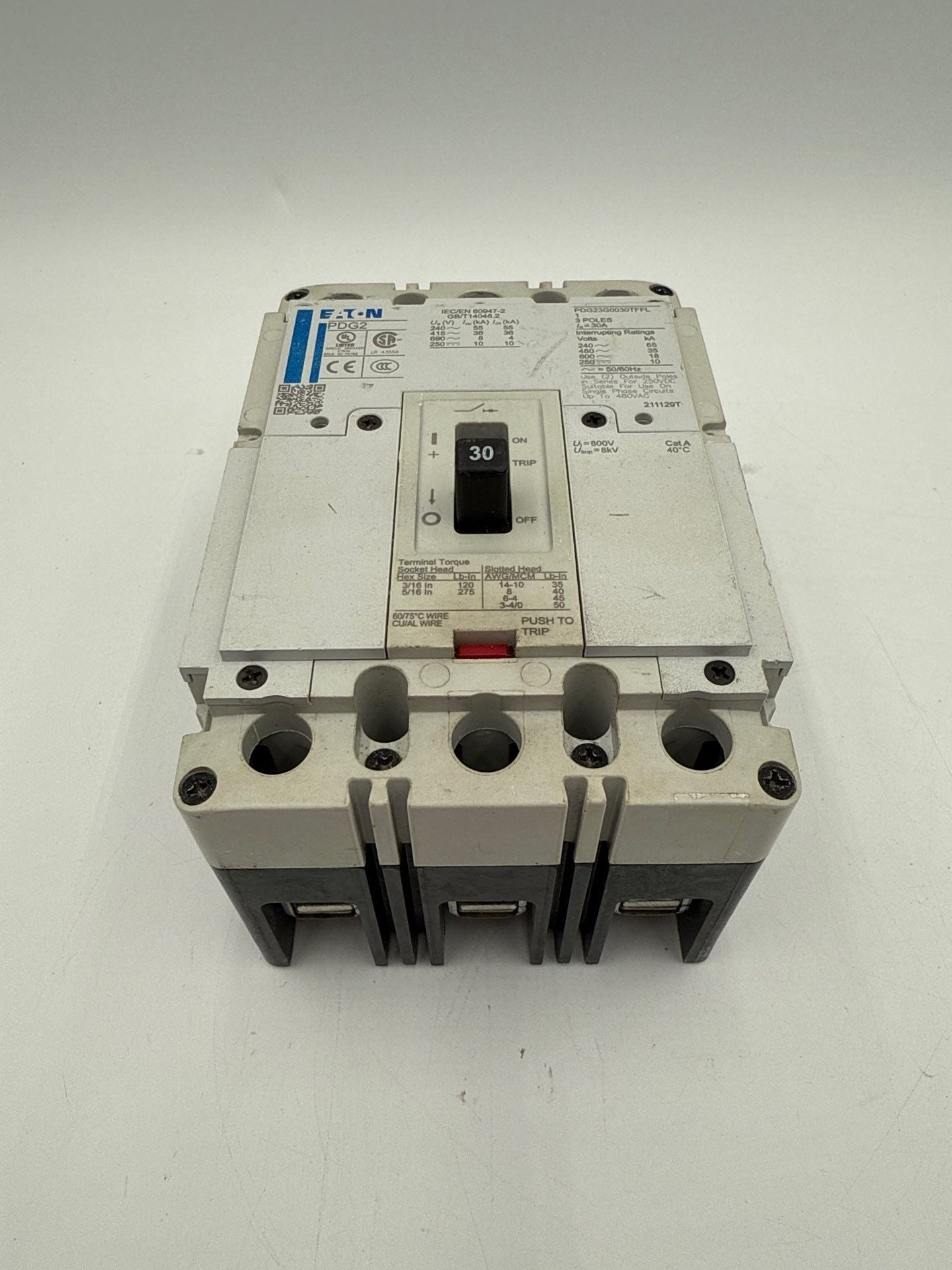 Eaton PDG23G0030TFFL Circuit Breaker 30A 600V 3P Bolt On 30 Amp 3 Pole PDG2 Used