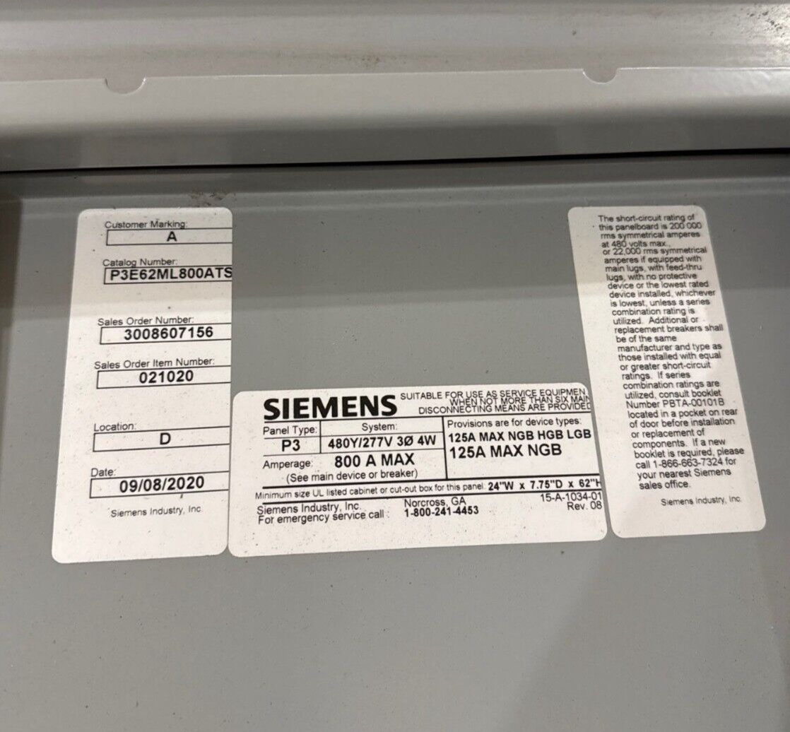 Siemens P3E62ML800ATS P3 Panelboard 800A 480/277V 3PH 4W 54 Cir 3R Outdoor Encl P132 Used