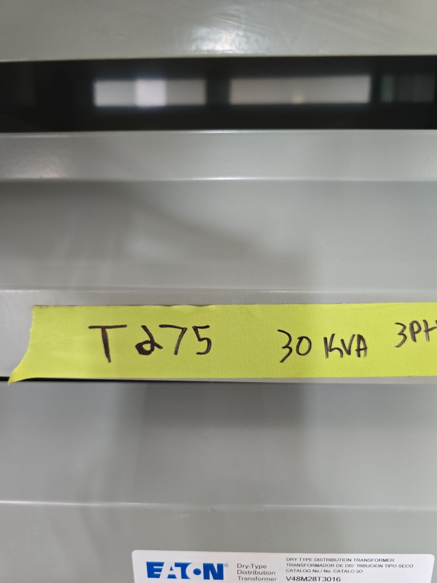 30kVA Eaton V48M28T3016 Transformer Pri 480V Sec 208/120V 3PH Indoor T275 G02S04 Used