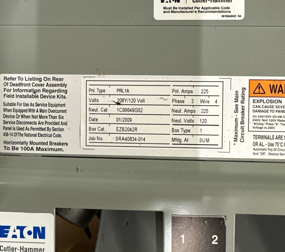 Eaton PRL1A Panelboard 225A 208Y/120V 3PH 4W MCB 42 Circuit 225 Amp EDB3225 P093 New