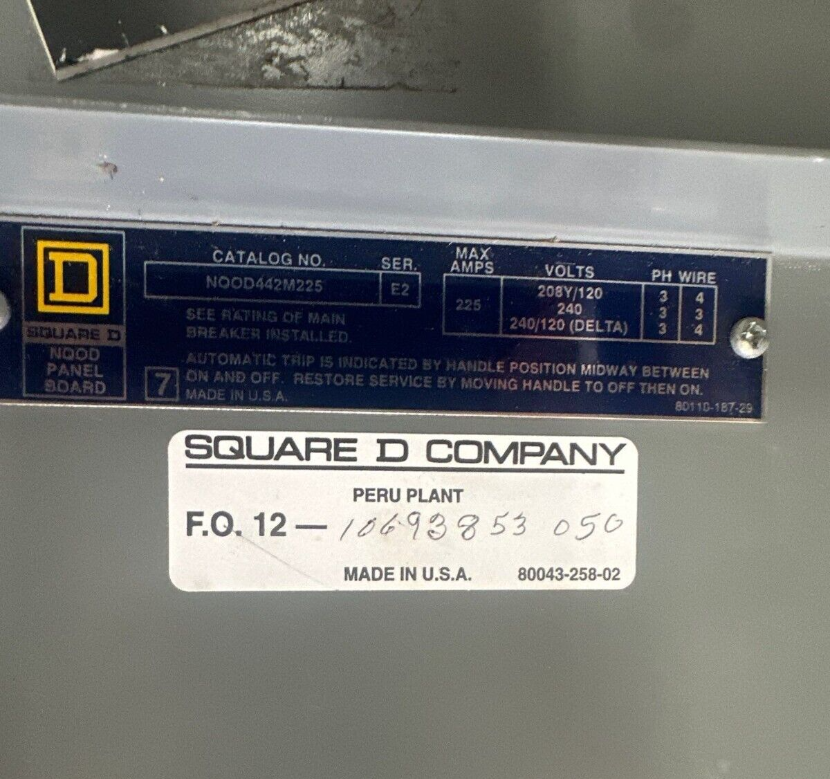 Square D NQOD442M225 NQOD Panelboard 225A 208Y/120V 3PH 4W Main MCB Q2L3200 200A P414 Used