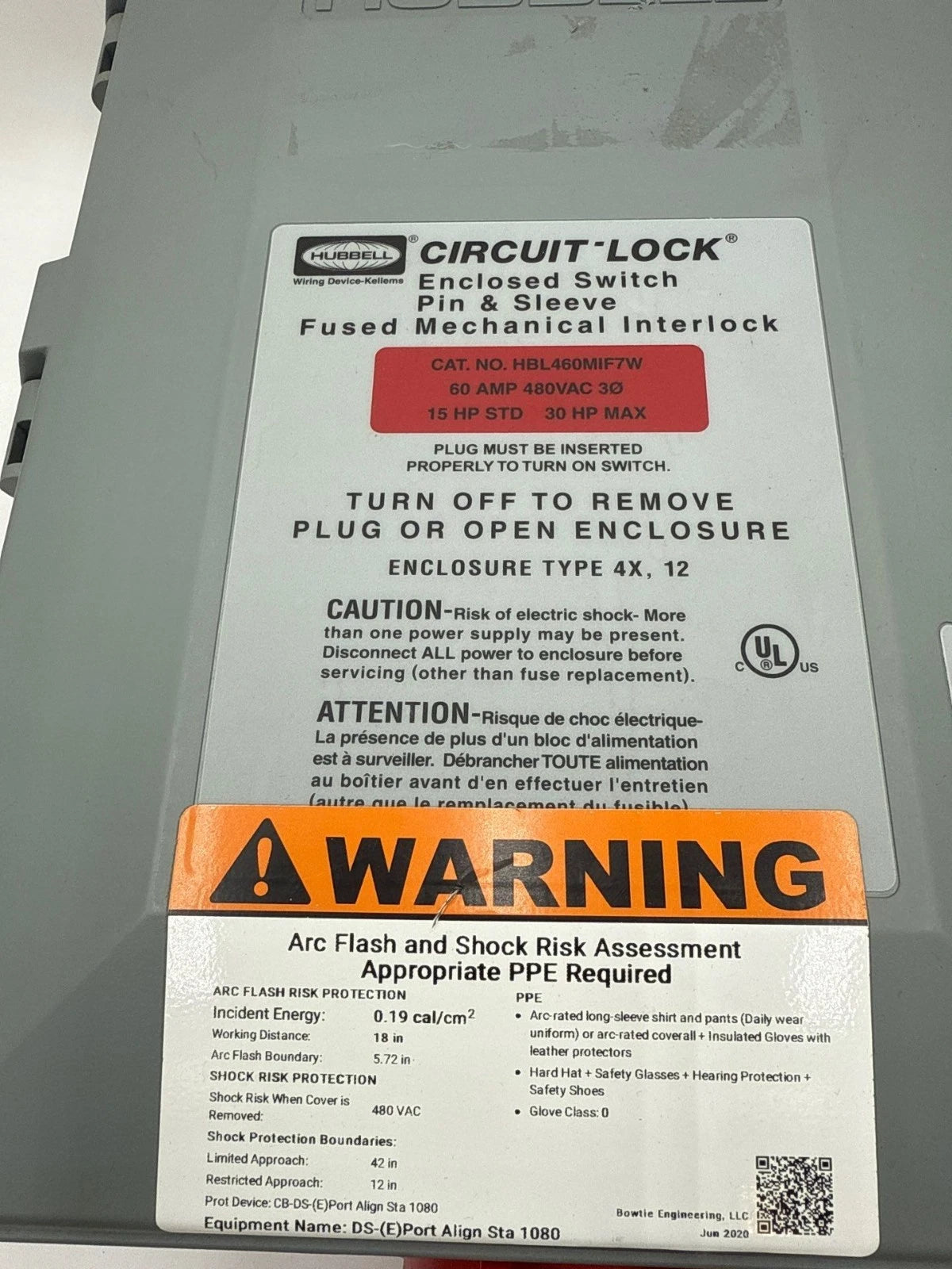 Hubbell HBL460MIF7W Fused Mechanical Interlock 60A 480V 3PH Pin & Sleeve 4 Wire New