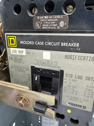 Square D Model 6 18" 100A Feeder MCC Bucket FAL36100 Breaker 100 Amp Used
