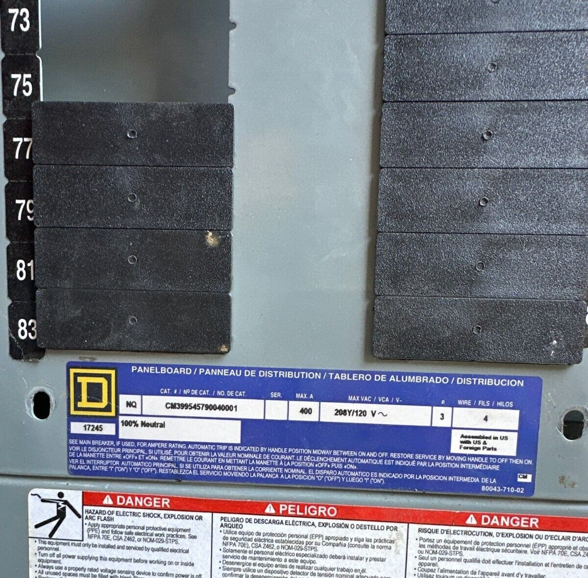 Square D NQ Panelboard 400A 208Y/120V 3PH 4W Indoor Encl 84 Circuit MLO Main Lug P522 Used