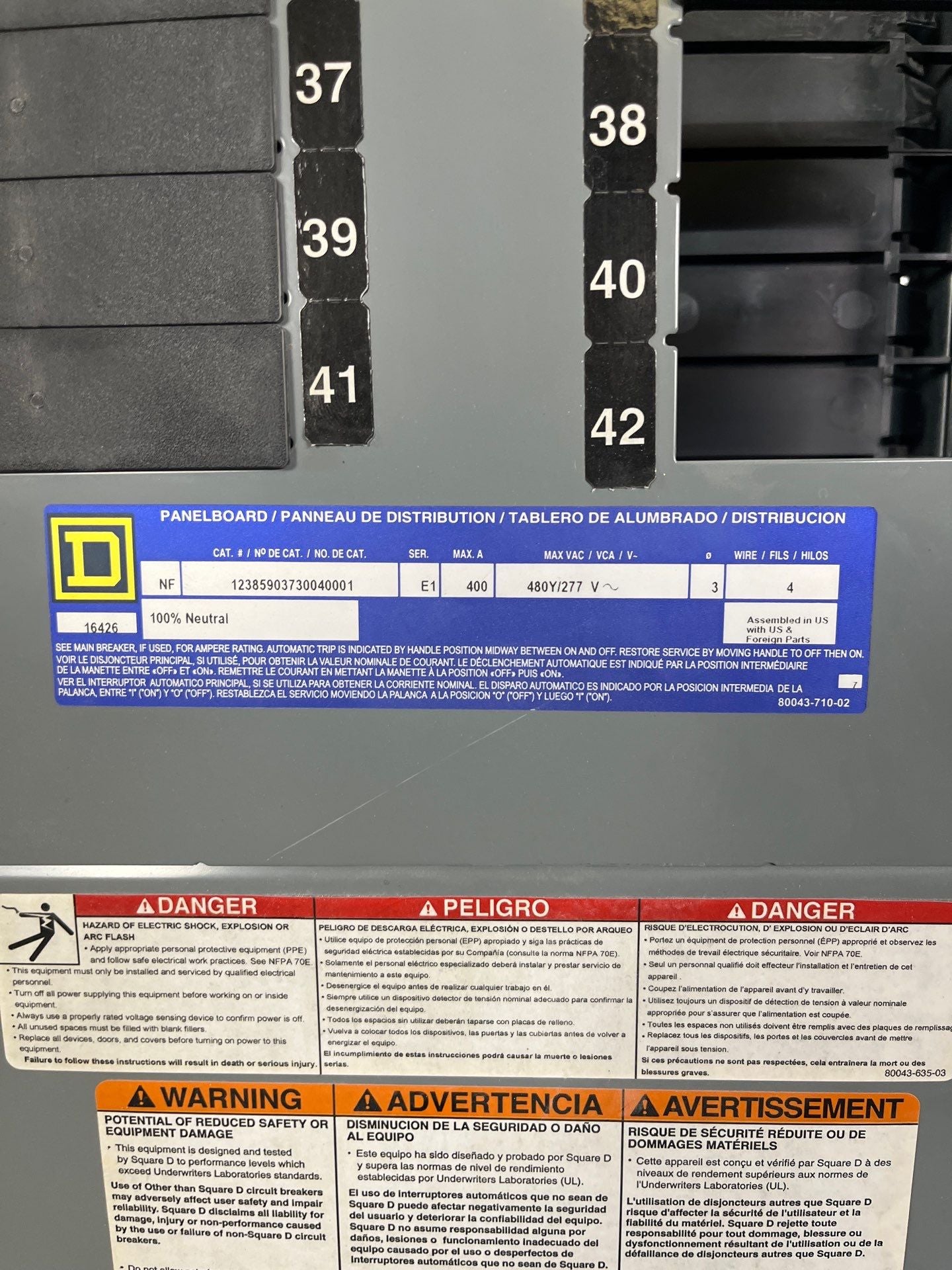 Square D NF Panelboard 400A 480/277V 3PH 4W 42Cir MLO Indoor Encl MH74 Used