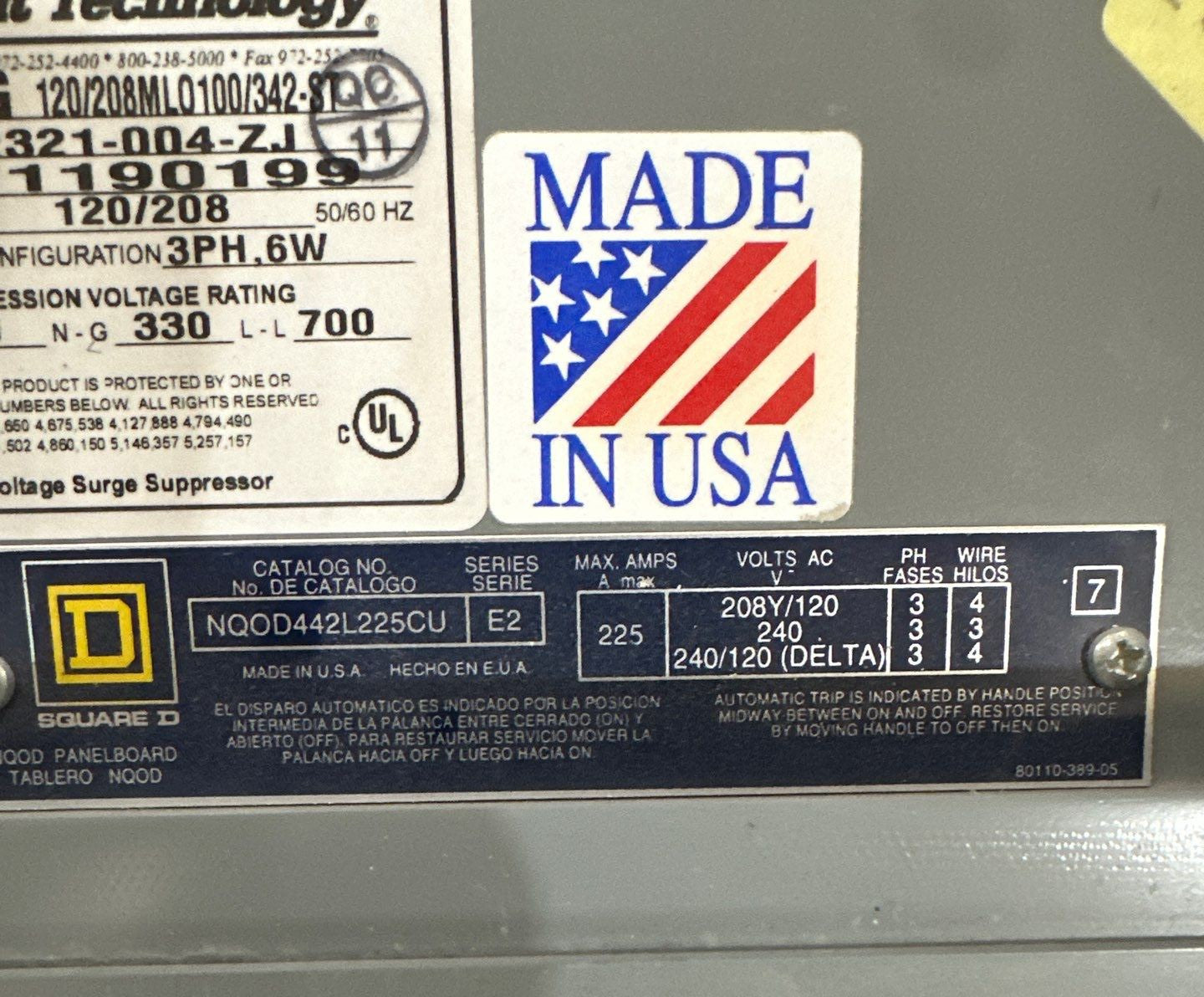Square D NQOD442L225CU Panelboard 225A 208/120V 3PH 4W 42 Cir MLO Panel 225 Amp Used