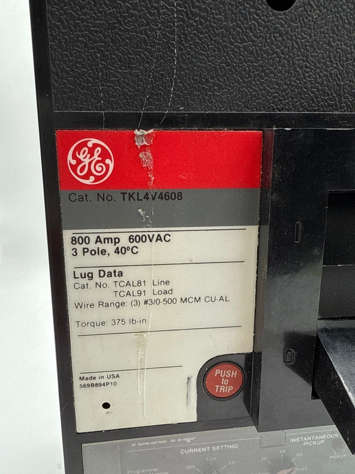 GE TKL4V4608 Circuit Breaker 800A 3P 600V 3PH TKL 800 Amp 3 Pole VersaTrip T4VT Used