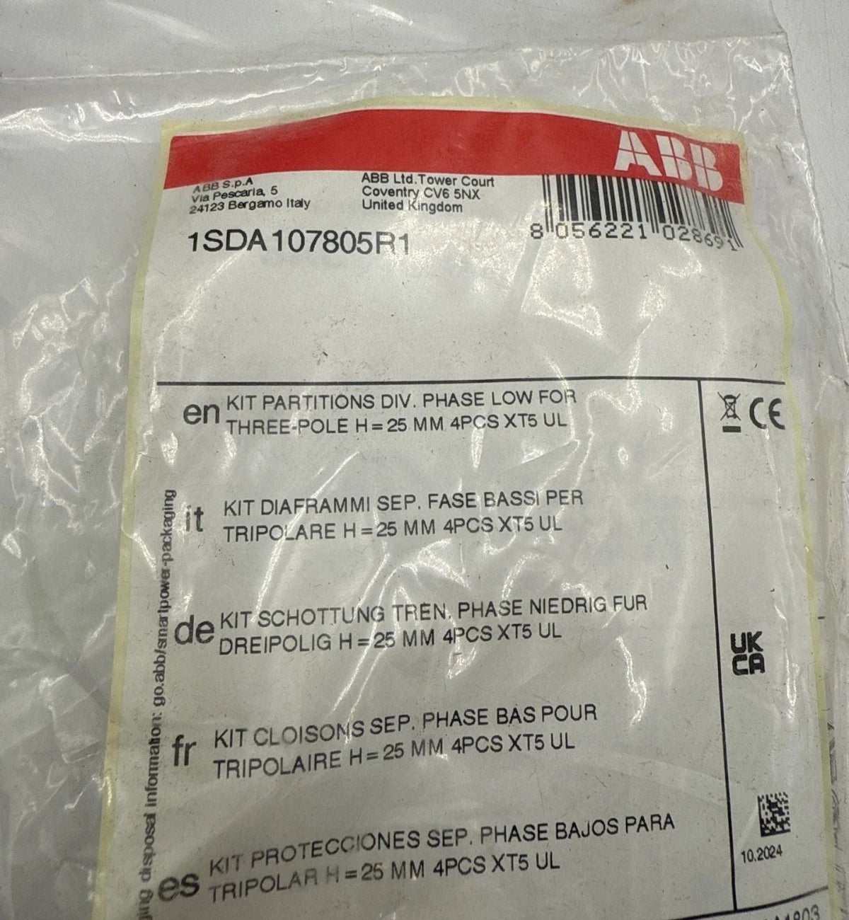 ABB 1SDA107805R1 Kit Partitions Div. Phase Low for 3 Pole H=25mm XT5 UL 4PCS New