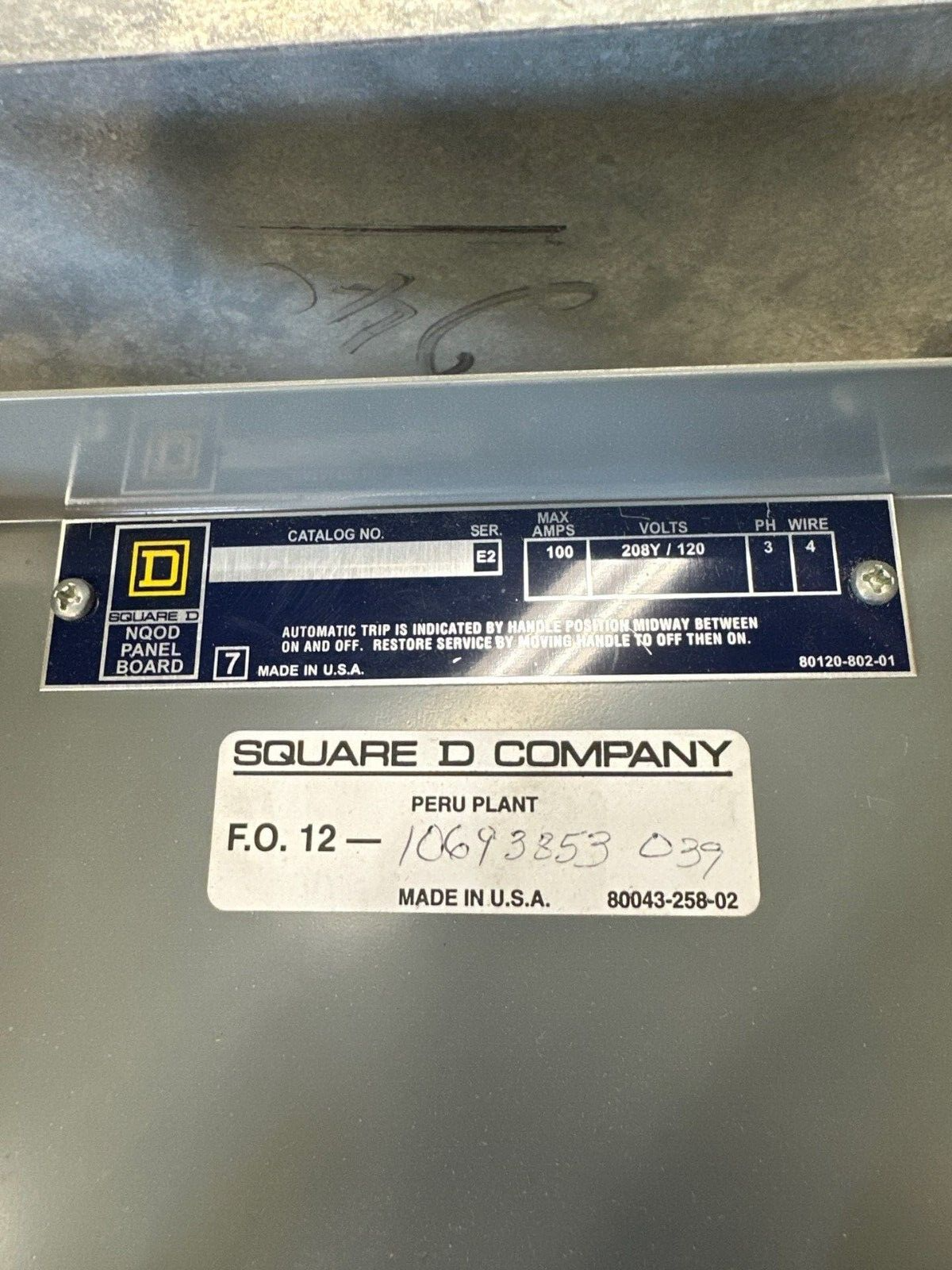 Square D NQOD Panelboard 150A 208Y/120V 3PH 4WMCB Main Q2L3150 42CIR NEMA 1 P348 Used
