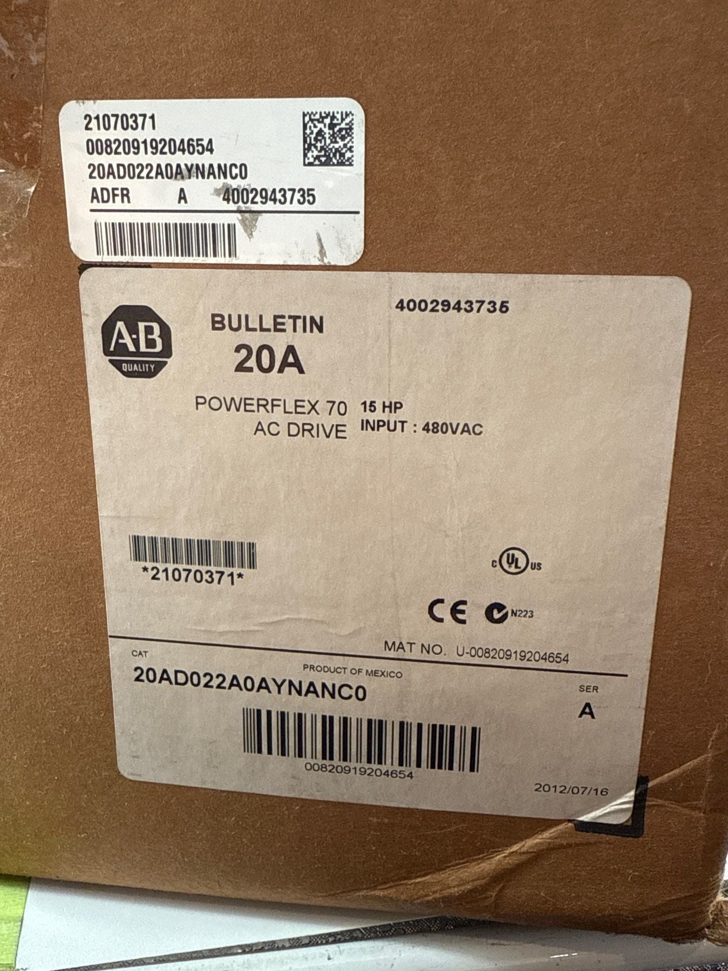 Allen Bradley 20AD022A0AYNANC0 PowerFlex 70 Drive 10 15 HP Series A 480V VFD New