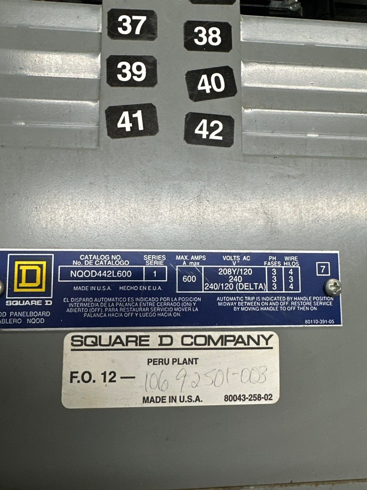 Square D NQOD442L600 NQOD Panelboard 600A 208Y/120V 3PH 4W 42 Circuit MAIN LUG P283 Used
