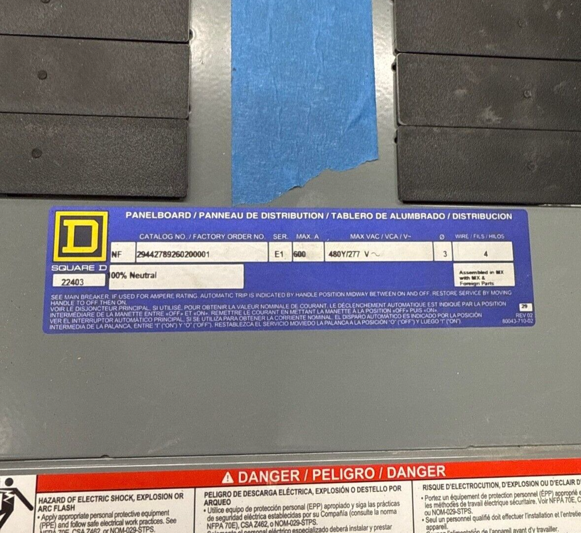 Square D NF Panelboard 600A 480Y/277V 3PH 4W 42 Cir Indoor Encl MCB LGP36600U31X P608 Used