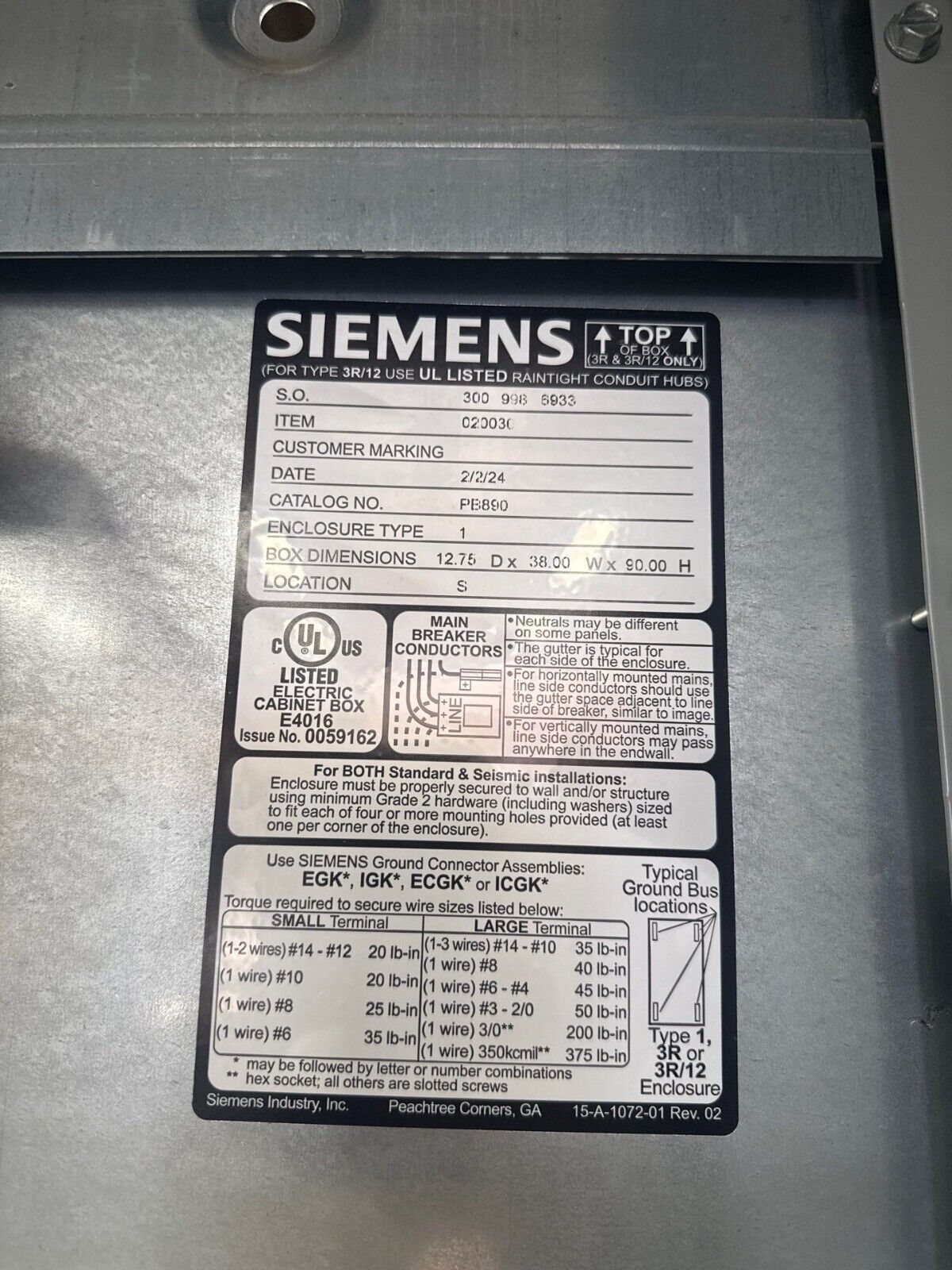 Siemens P5 Panelboard 1200A 208/120V 3PH 4W P5C90SN120EBS SHND6A120LSI Indoor P663-NS New