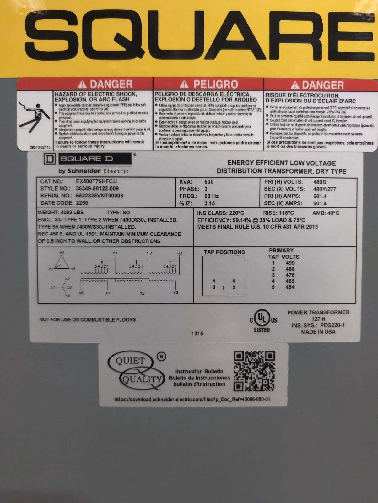 500 kVA Square D EX500T76HFCU Transformer Pri 480V Sec 480/277V 3PH 60Hz New New
