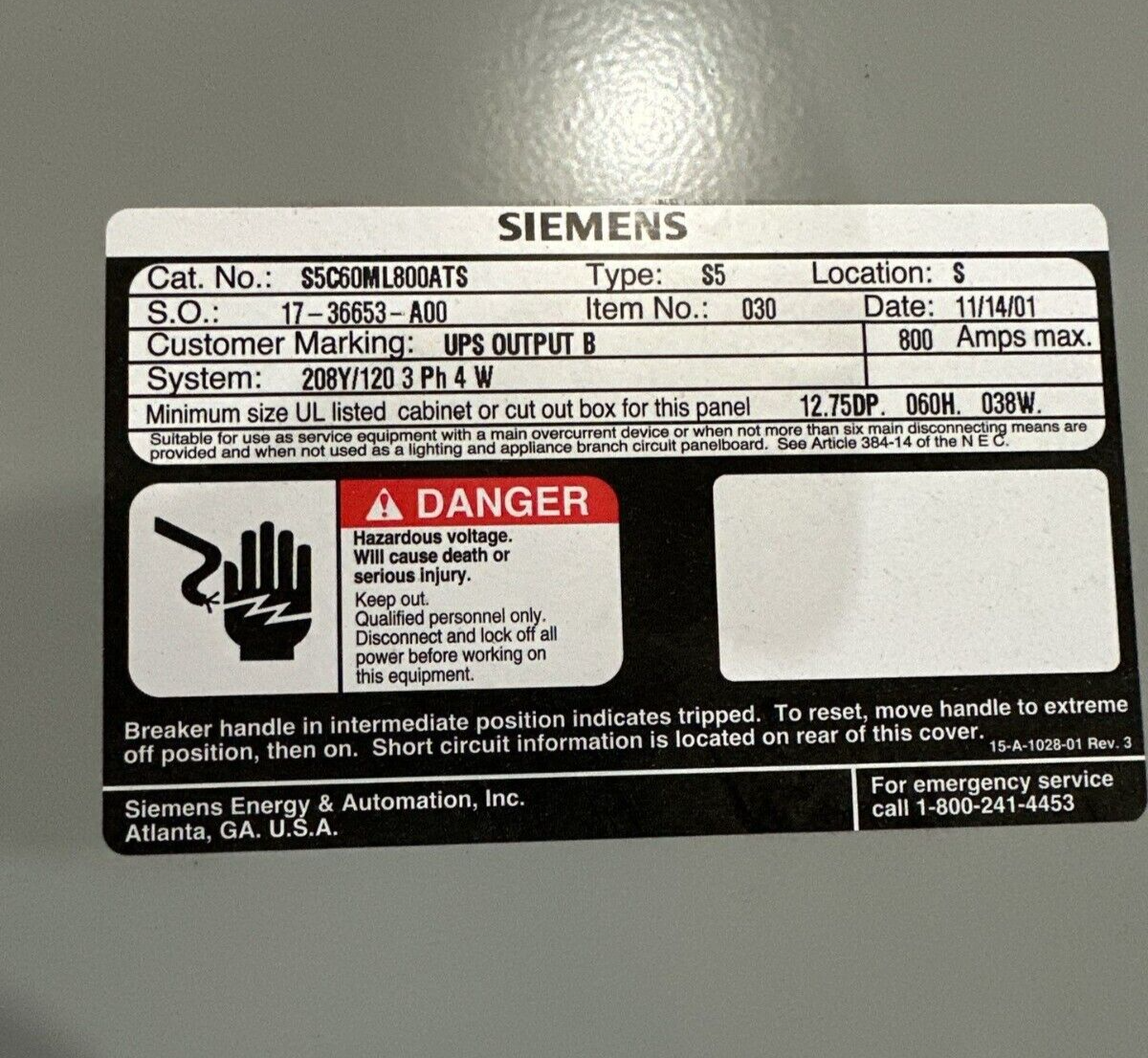 Siemens S5 Panelboard S5C60ML800ATS 800A 208Y/120V 3PH 4W Main Lug MLO 800 Amp P506 P505 Used