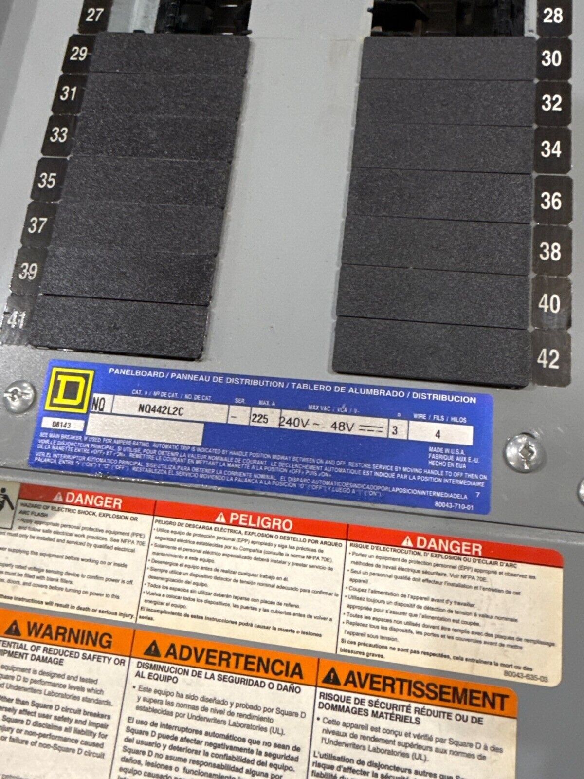 Square D NQ442L2C NQ Panelboard 225A 240V 3PH 4W 42 Cir Indoor Encl MCB QJL32150 P655 Used