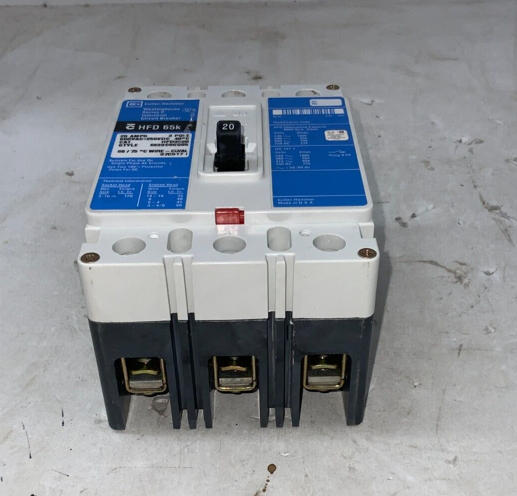 Cutler Hammer HFD3020 Circuit Breaker 20A 3P 600V 3PH HFD 65k 20 Amp 3 Pole Used
