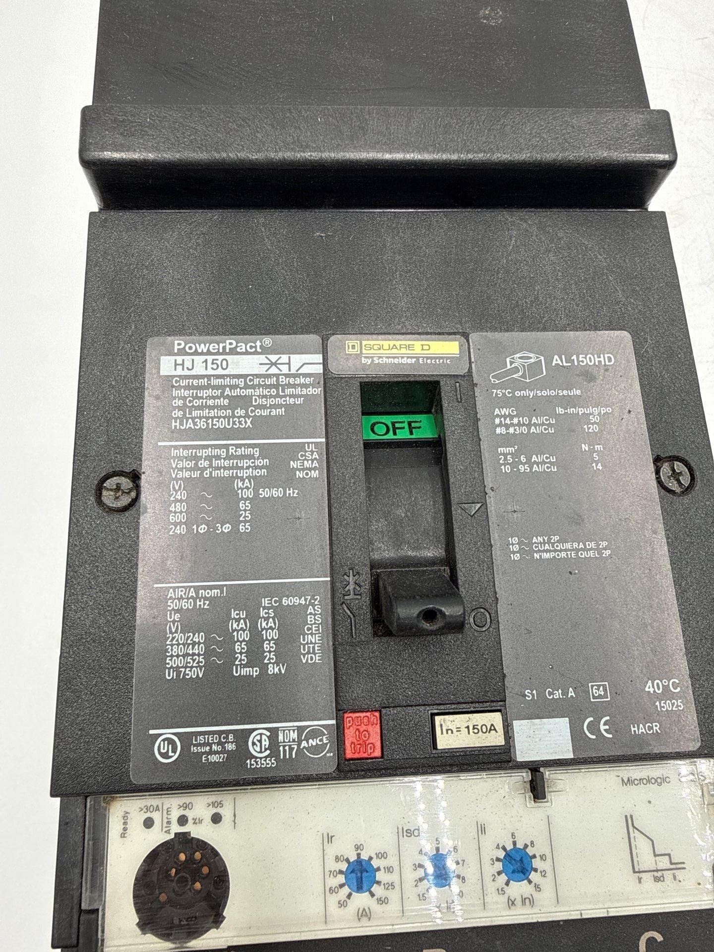 Square D HJA36150U33X I-Line Circuit Breaker 150A 3P 600V HJA 150 Amp 3 Pole Used