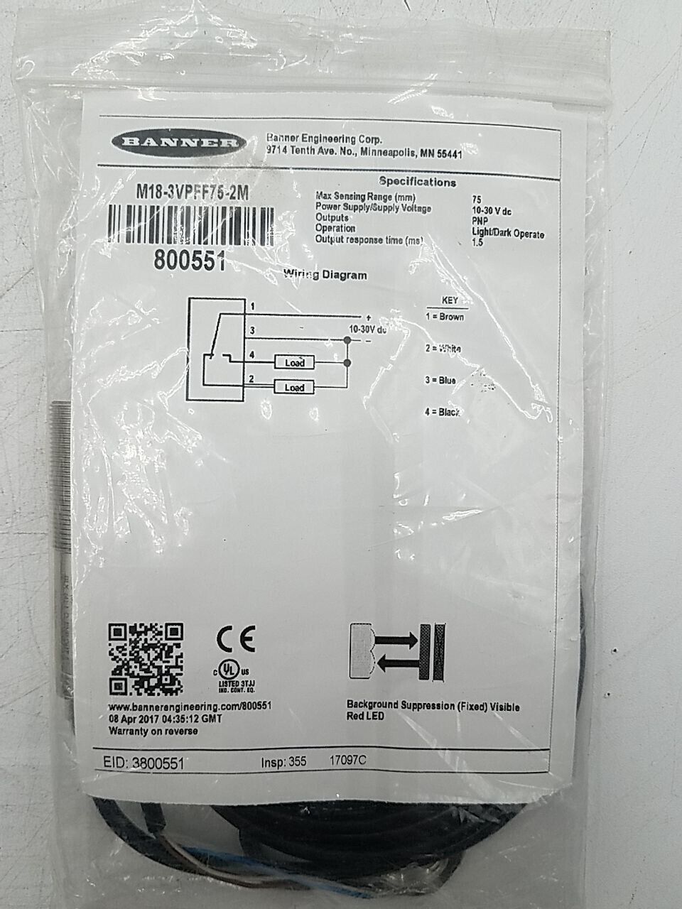 Banner Engineering M18-3VPFF75-2M New