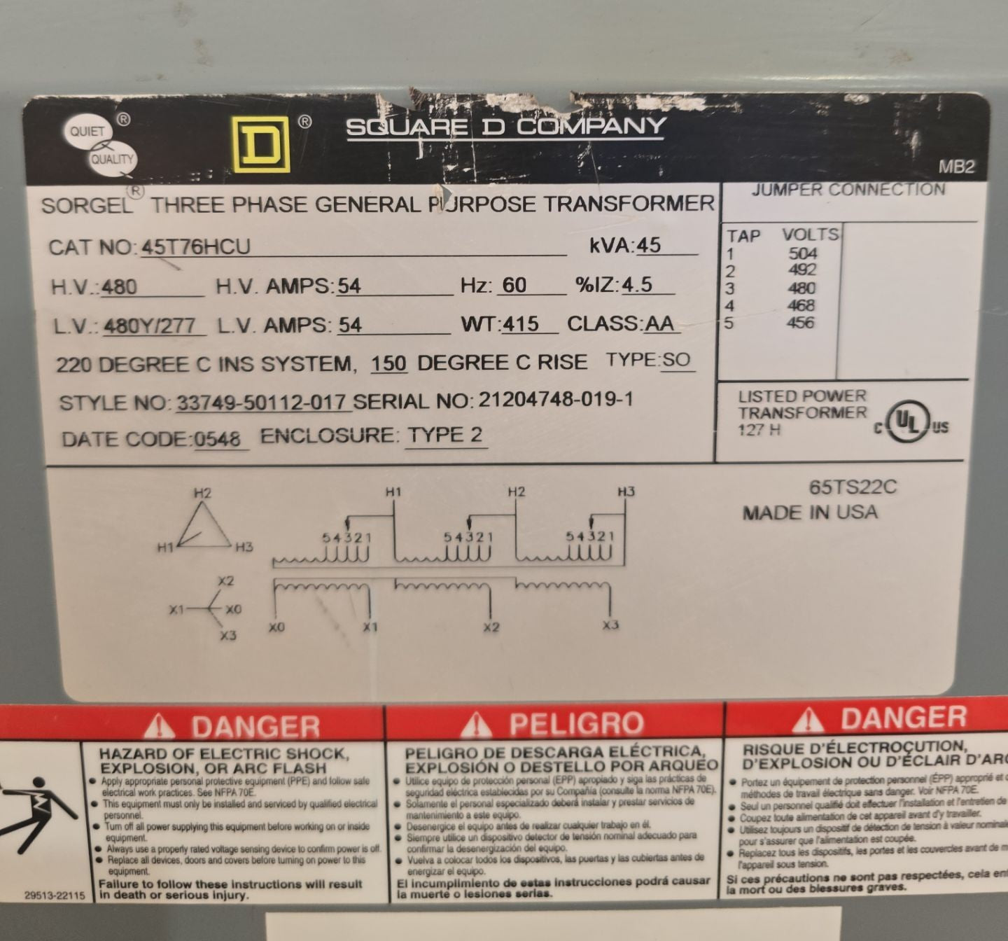 45kVA Square D 45T76HCU Sorgel Transformer Pri 480V Sec 480/277V Indoor T265 Used