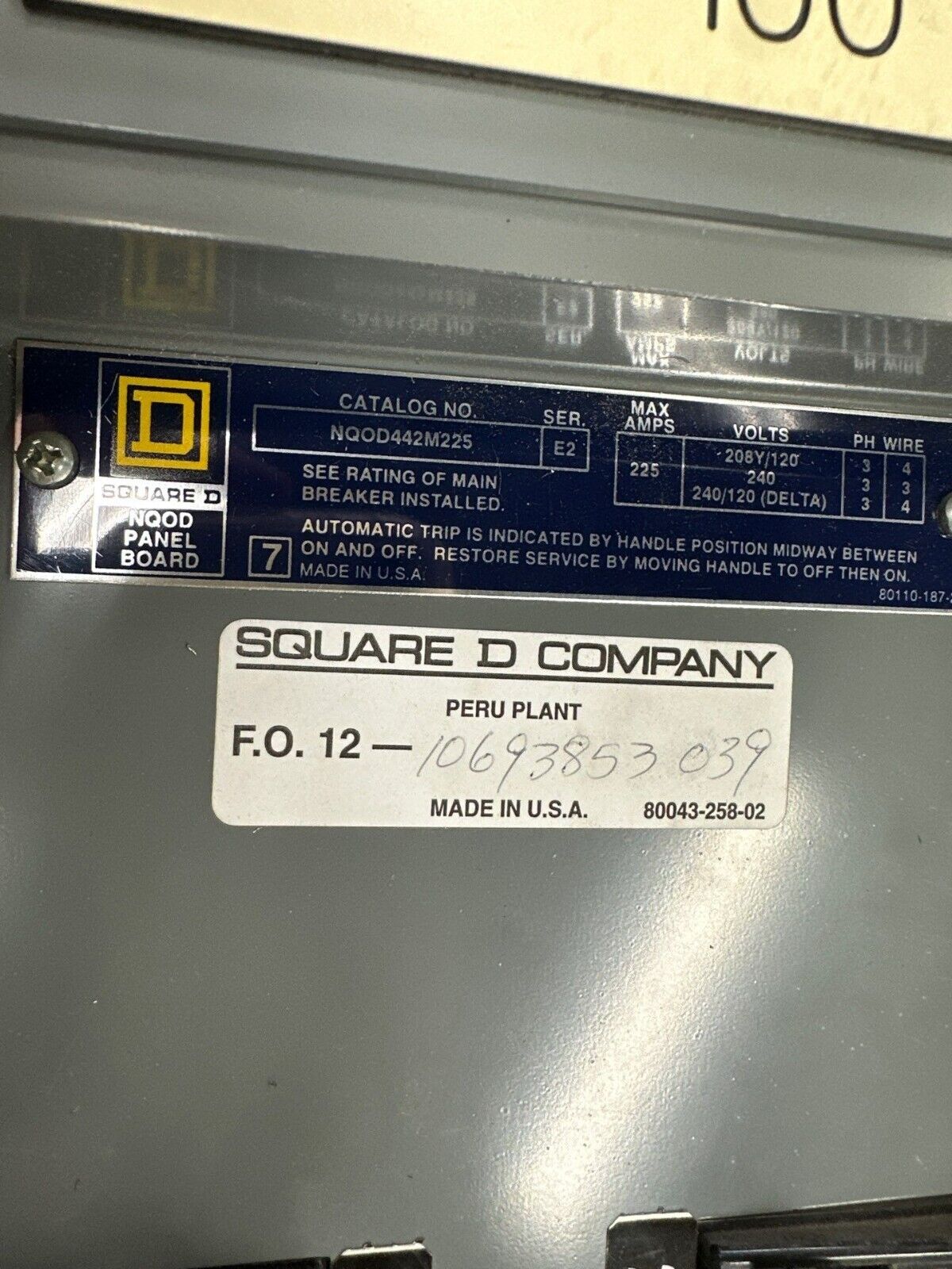 Square D NQOD442M225 NQOD Panelboard 225A 208Y/120V 3PH 4W Main MCB Q2L3100 MH50 P403 Used