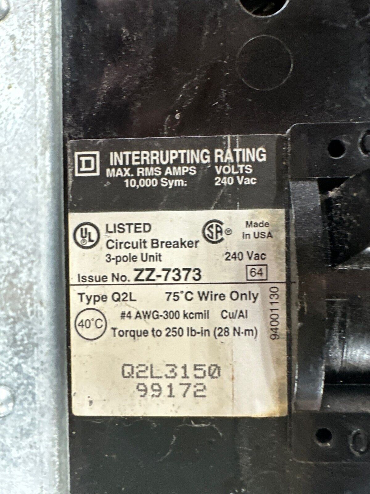 Square D NQOD442M225 NQOD Panelboard 225A 208Y/120V 3PH MCB Main Breaker Q2L3150 P410 Used