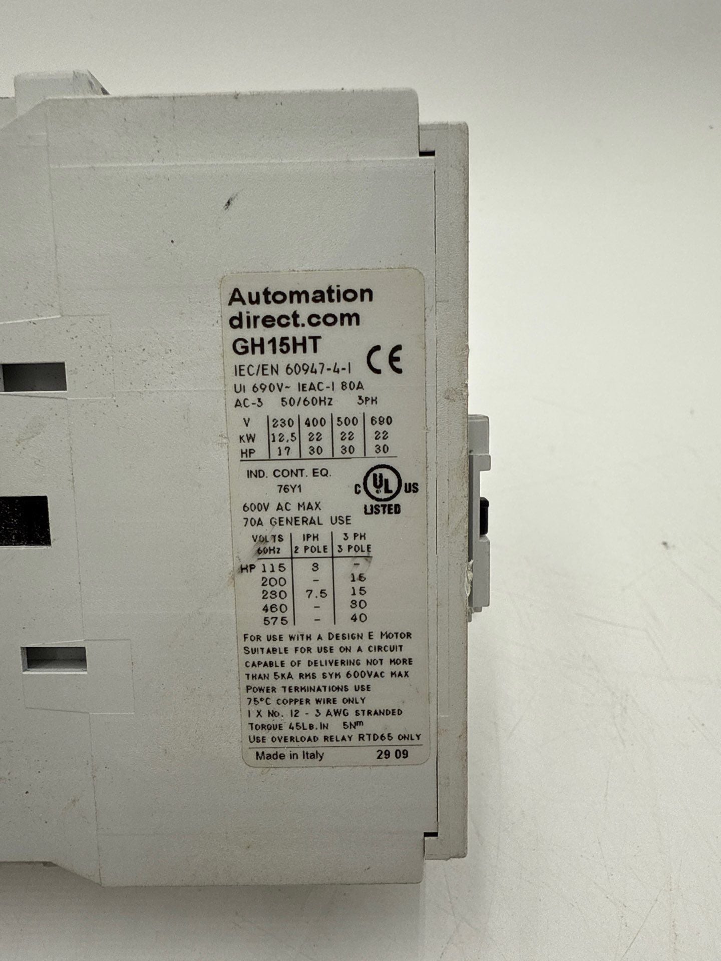 Automation Direct GH15HT Contactor 80A 3P 600V Coil 110-120V GH15HT-3-00A Used