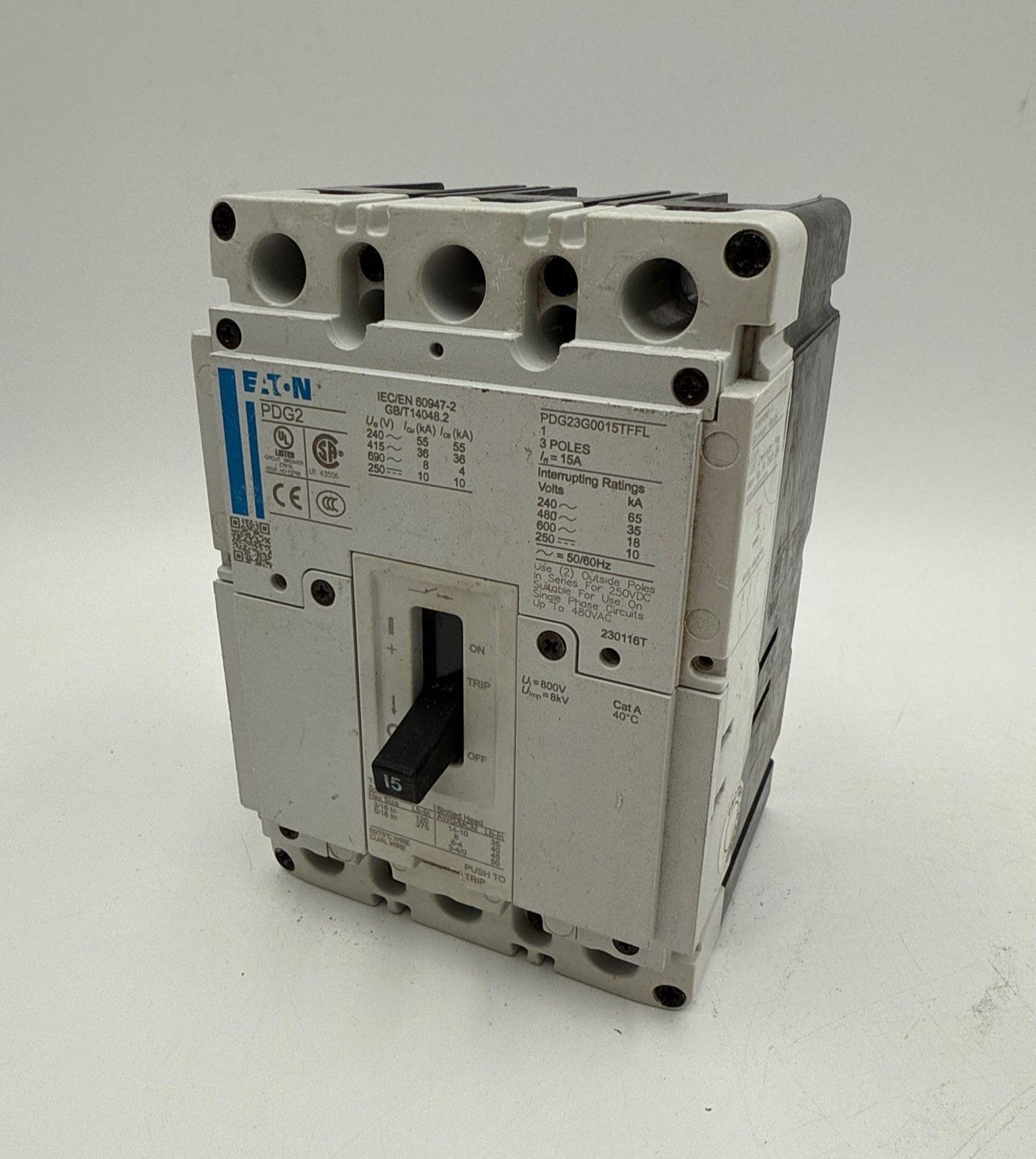 Eaton PDG23G0015TFFL Circuit Breaker 15A 600V 3P Bolt On 15 Amp 3 Pole Used