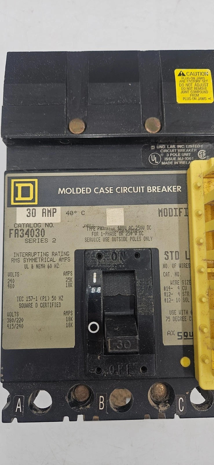 Square D FA34030 I-Line Circuit Breaker 30A 3P 480V 3PH FA 3 pole 30 Amp Used Used