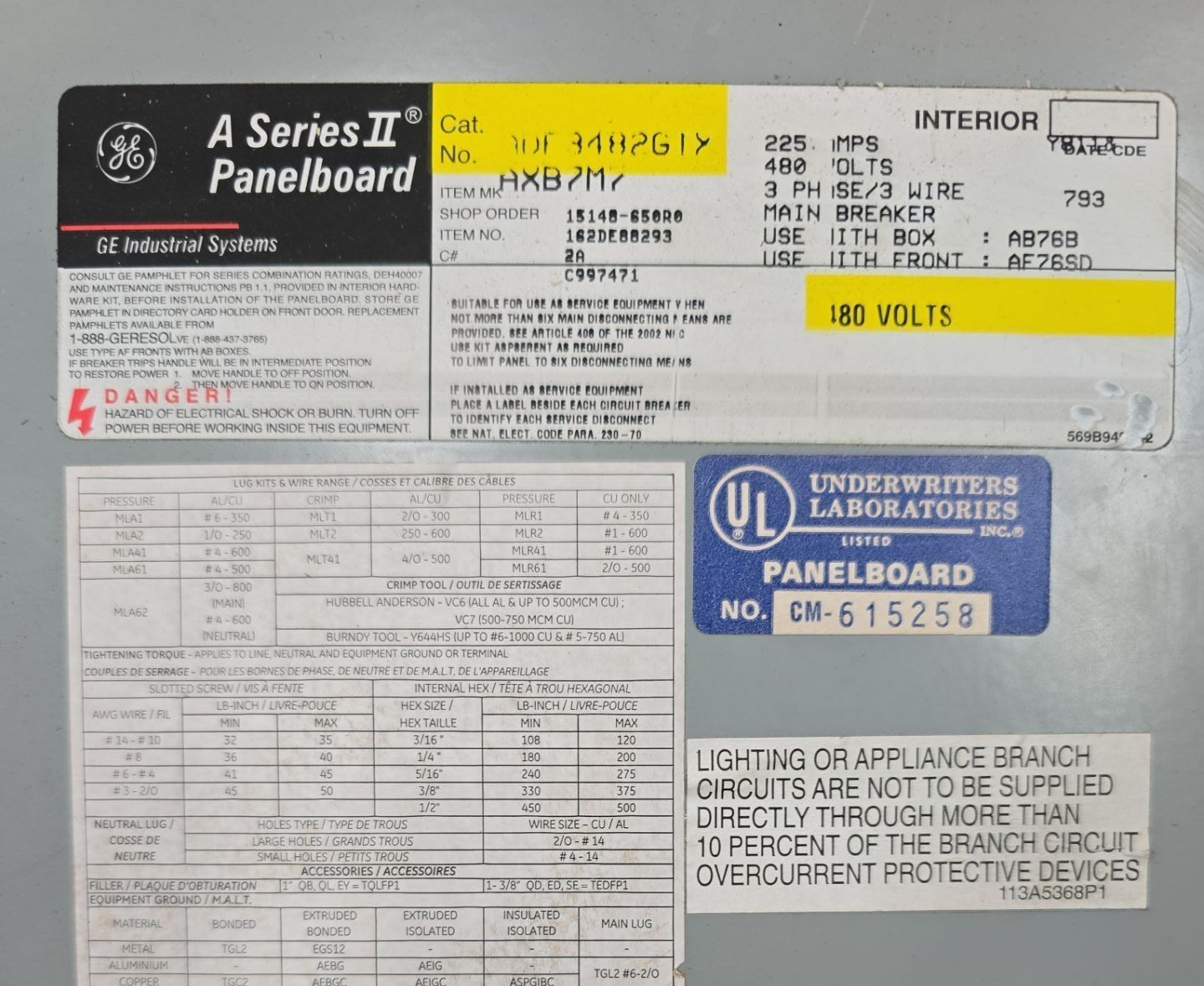 GE ADF3482GTX Panelboard 225A 480V 3PH 3W 48 Cir MCB Panel 225 Amp SFPA36AT0250