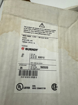 25PC Burndy KA31U Mechanical Lugs #6 Stranded 350 KCMIL AL9CU New