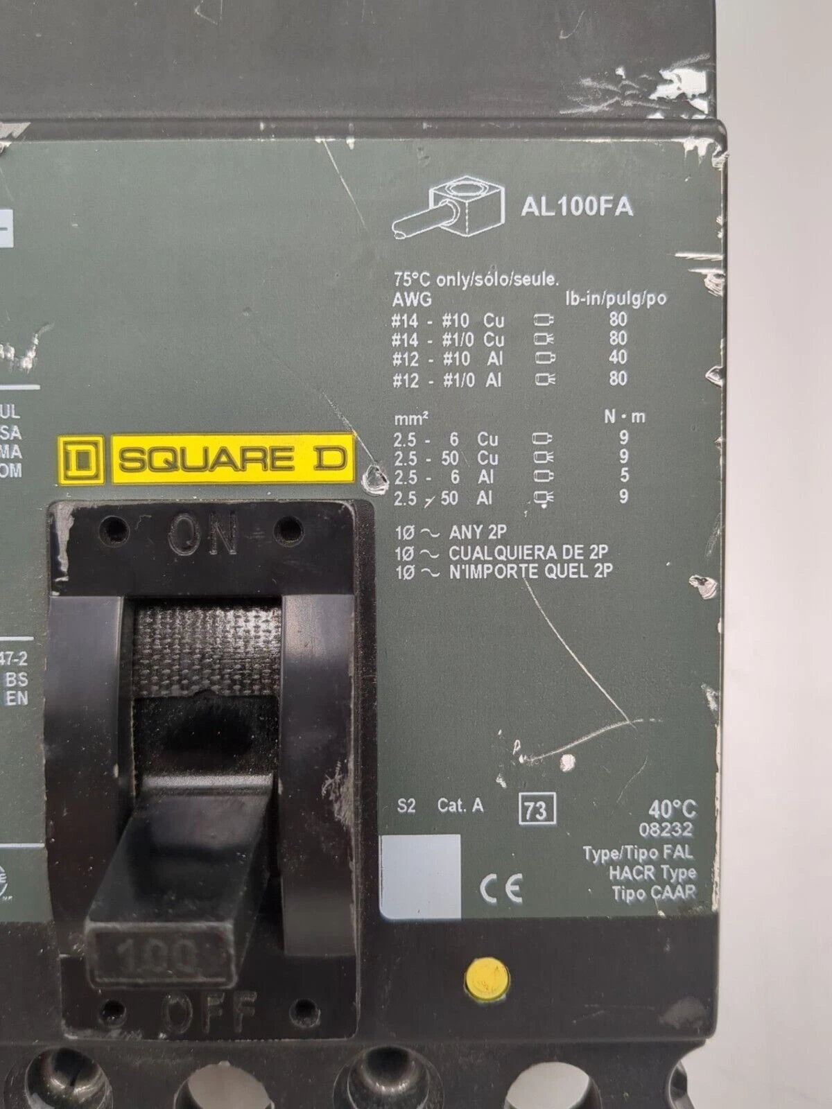 Square D FAL34100 Circuit Breaker 100A 3P 480V 3PH Lug to Lug 100 Amp Used Used
