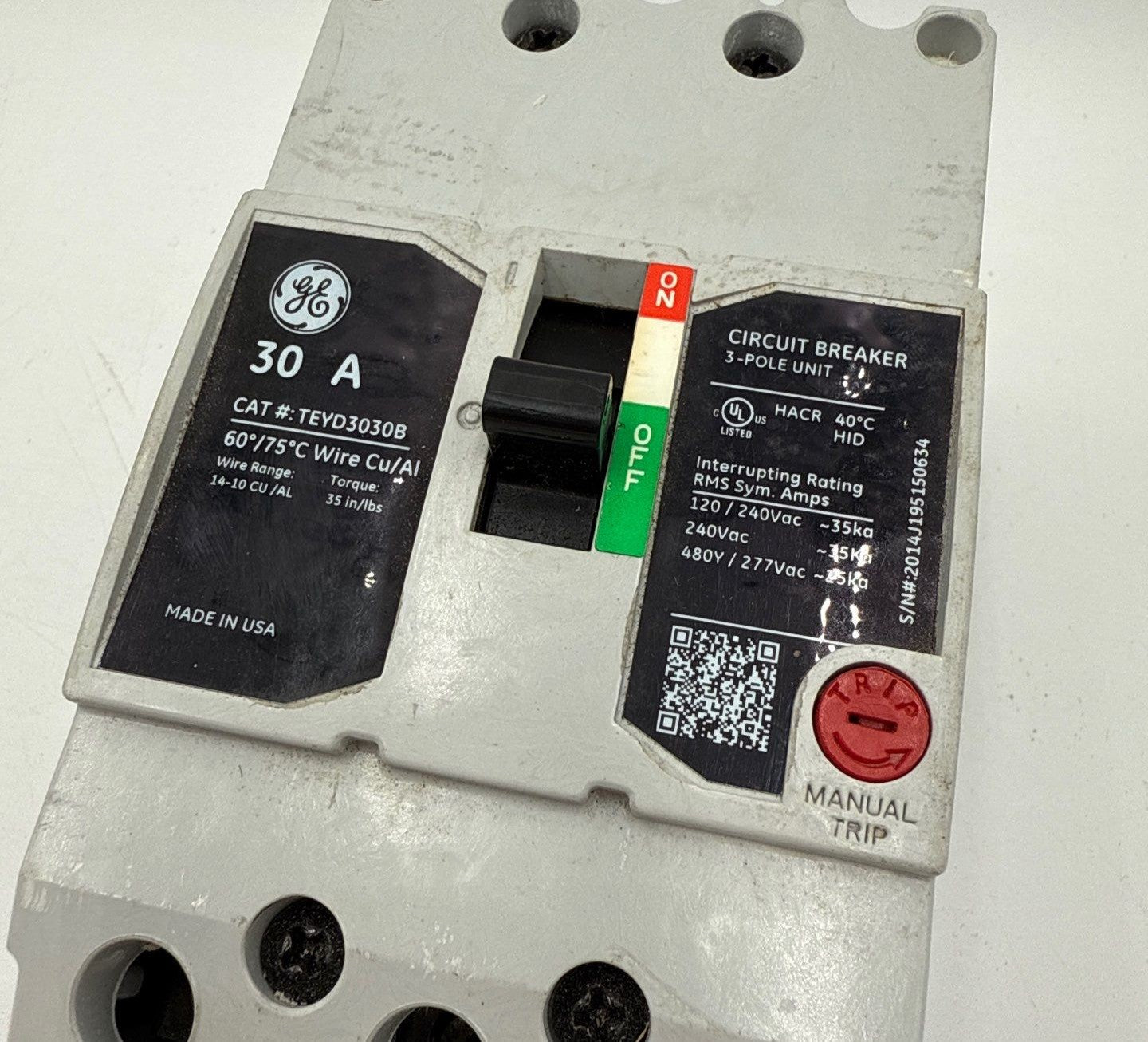 GE TEYD3030B Circuit Breaker 30A 3P 480/277V 3PH TEYD 30 Amp 3 Pole Bolt On Used