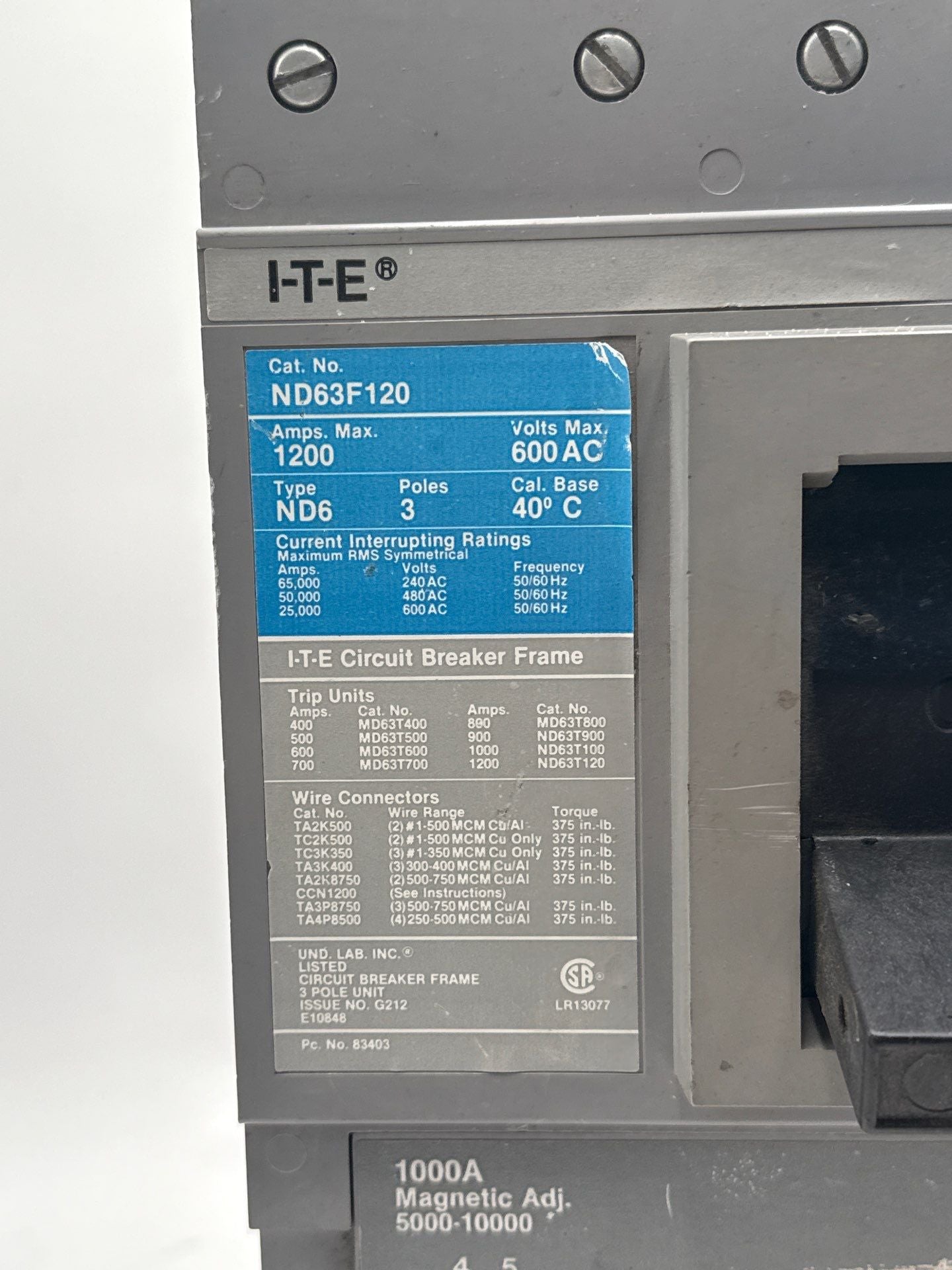 Siemens ND63B100 Circuit Breaker 1000A 3P 600V ND6 1000 Amp 3 Pole Used