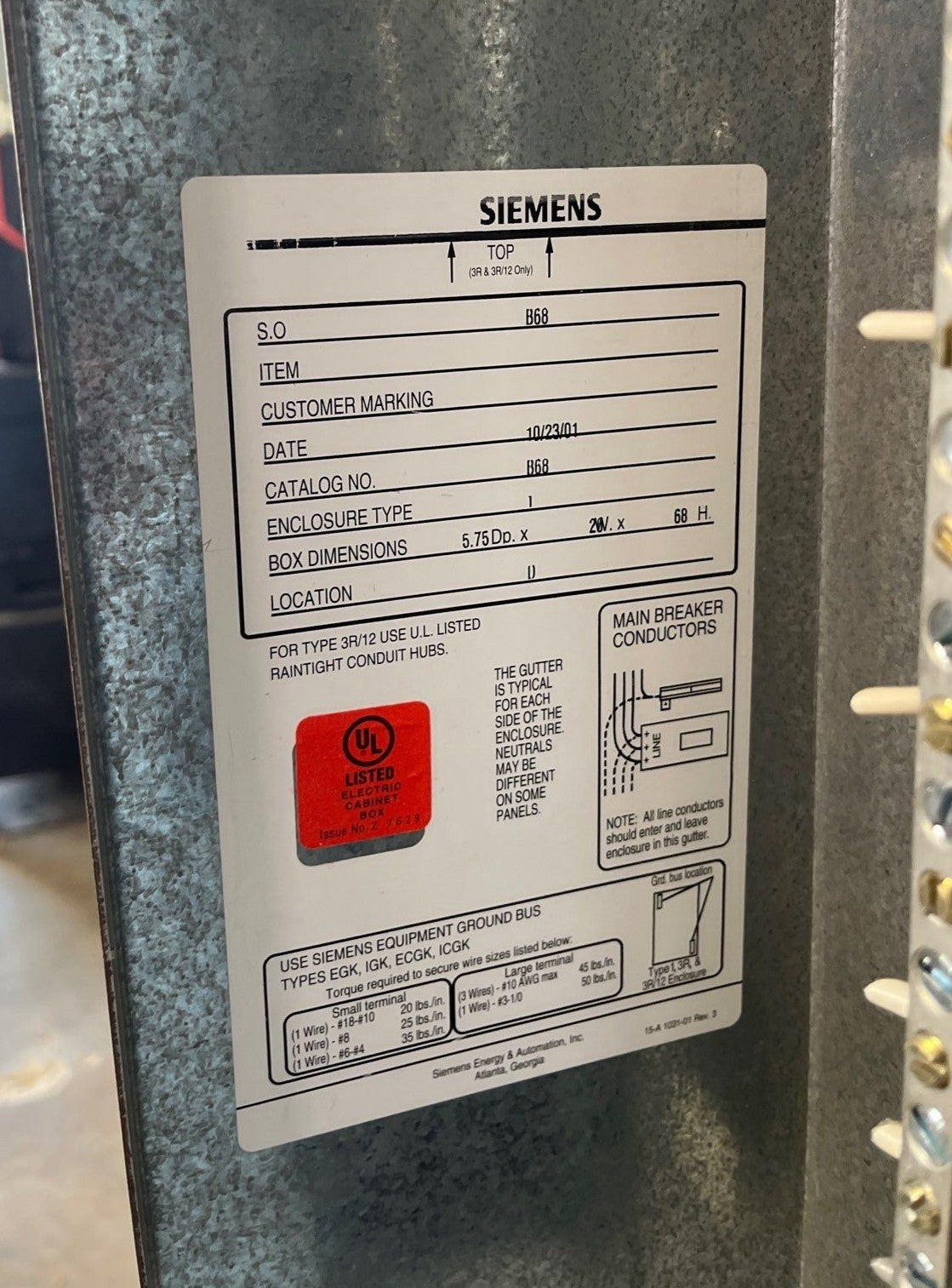 Siemens P1C42JX400ATF P1 Panelboard 400A 208/120V 3PH 4W 42 Circuit MCB Indoor Encl B68 Used