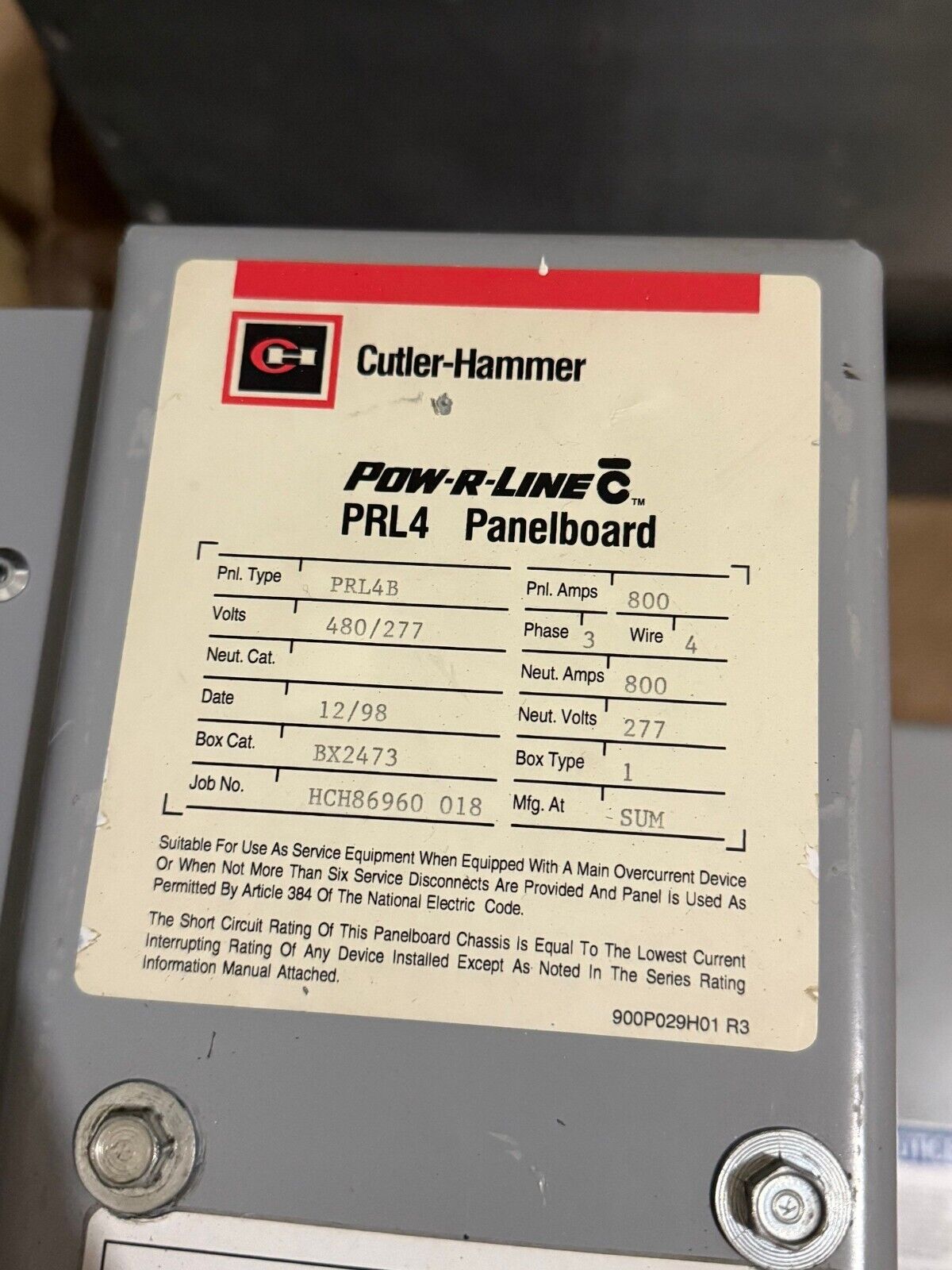 Cutler Hammer PRL4B Panelboard 800A 480/277V 3PH 4W MLO Indoor BX2473 800 Amp P666 Used